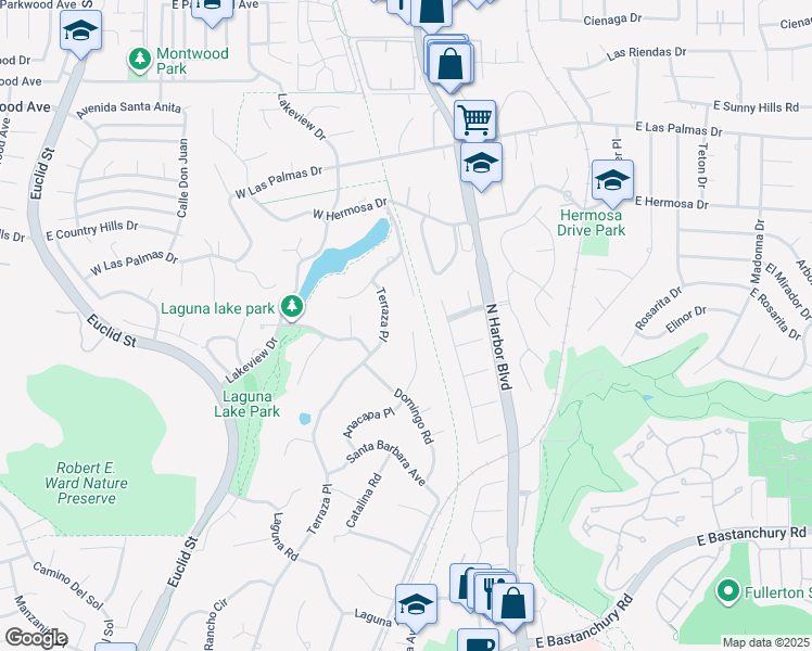 map of restaurants, bars, coffee shops, grocery stores, and more near 3031 Anacapa Place in Fullerton