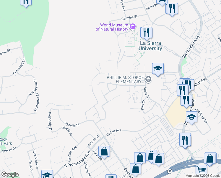 map of restaurants, bars, coffee shops, grocery stores, and more near 4441 Rimcrest Drive in Riverside