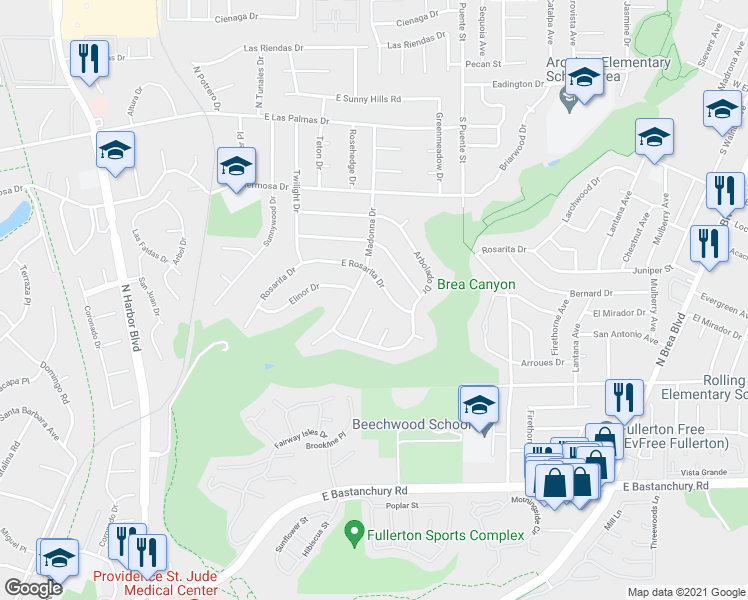 map of restaurants, bars, coffee shops, grocery stores, and more near 2849 Altivo Place in Fullerton