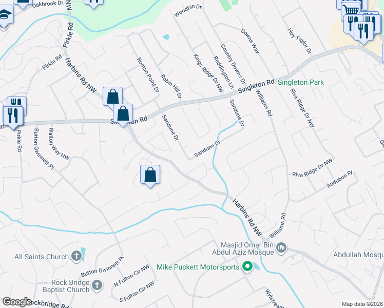 map of restaurants, bars, coffee shops, grocery stores, and more near 1023 Sandune Drive in Norcross