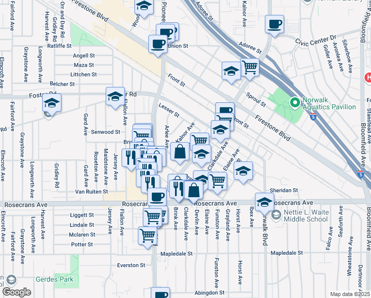 map of restaurants, bars, coffee shops, grocery stores, and more near 13822 Erwood Avenue in Norwalk