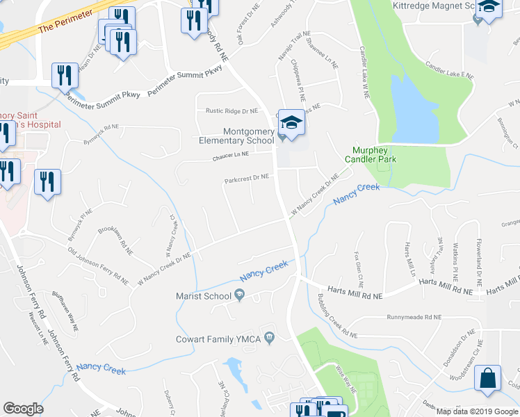 map of restaurants, bars, coffee shops, grocery stores, and more near 3867 Rains Court Northeast in Atlanta