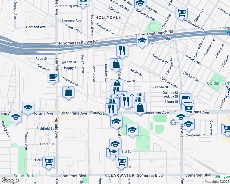 map of restaurants, bars, coffee shops, grocery stores, and more near 14050 McClure Avenue in Paramount