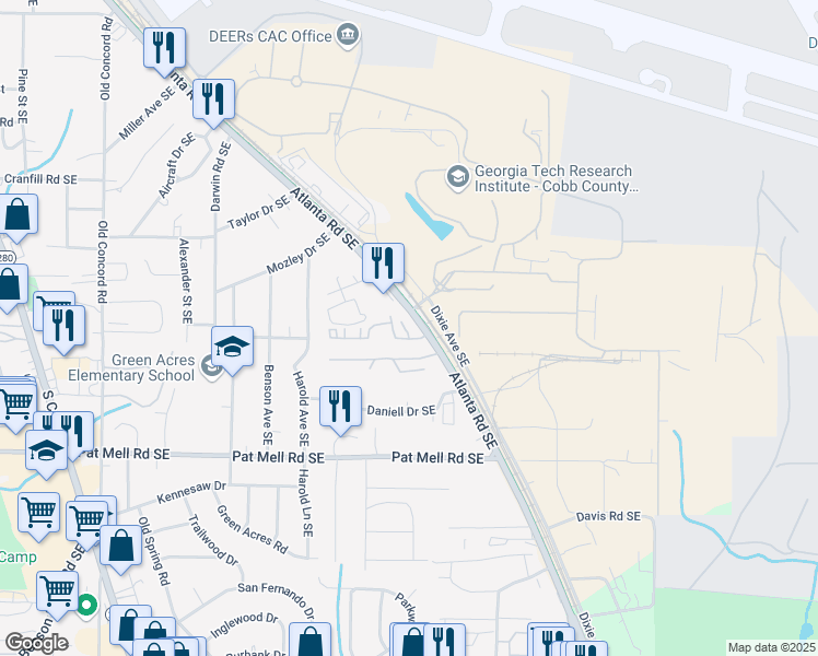 map of restaurants, bars, coffee shops, grocery stores, and more near 1857 Belmore Street Southeast in Smyrna