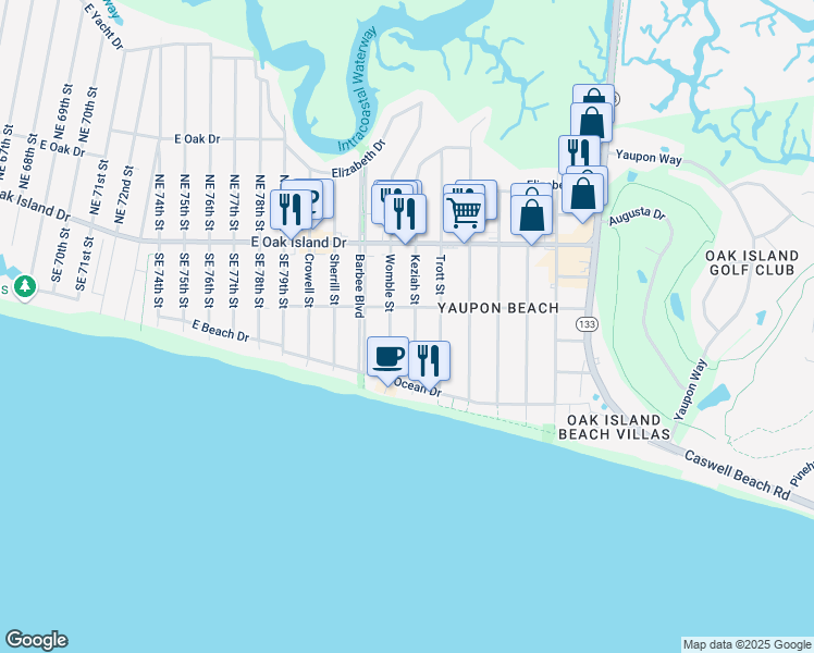 map of restaurants, bars, coffee shops, grocery stores, and more near 217 Keziah St in Oak Island