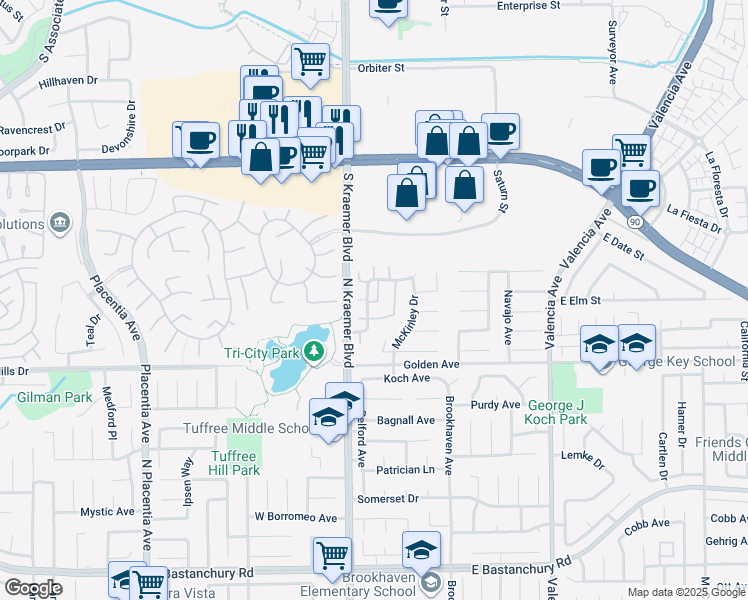 map of restaurants, bars, coffee shops, grocery stores, and more near 2407 Allegheny Way in Placentia