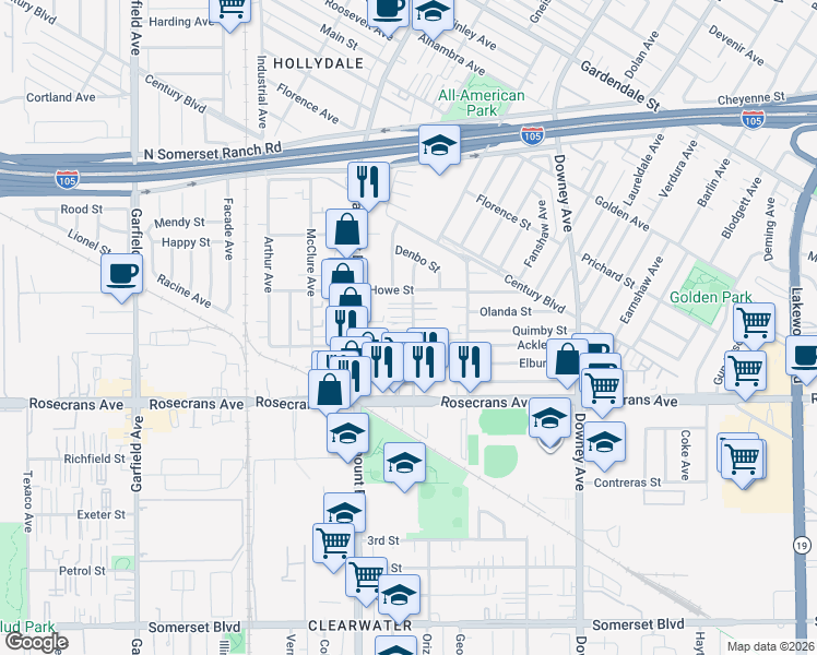 map of restaurants, bars, coffee shops, grocery stores, and more near 14039 Orizaba Avenue in Paramount