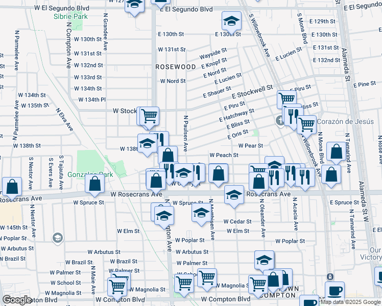 map of restaurants, bars, coffee shops, grocery stores, and more near 637 West Peach Street in Compton