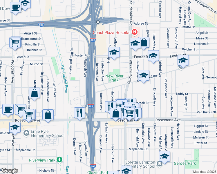 map of restaurants, bars, coffee shops, grocery stores, and more near 10807 Leffingwell Road in Norwalk