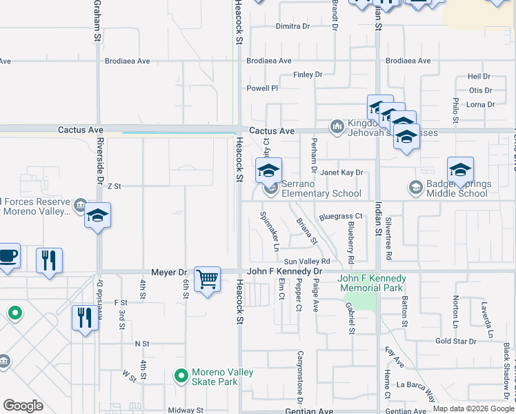map of restaurants, bars, coffee shops, grocery stores, and more near 14774 Lavender Lane in Moreno Valley
