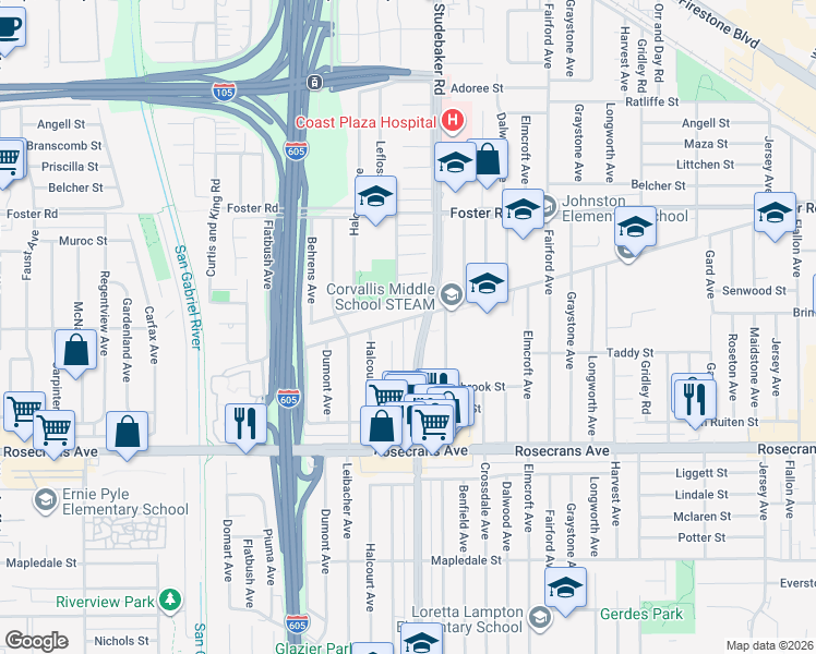 map of restaurants, bars, coffee shops, grocery stores, and more near 10850 Leffingwell Road in Norwalk