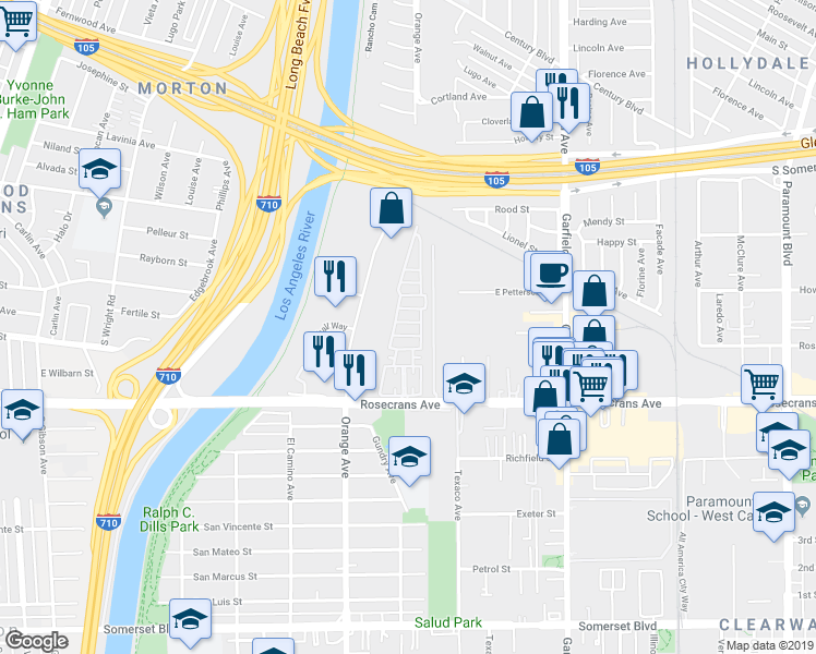map of restaurants, bars, coffee shops, grocery stores, and more near 7101 Rosecrans Avenue in Paramount