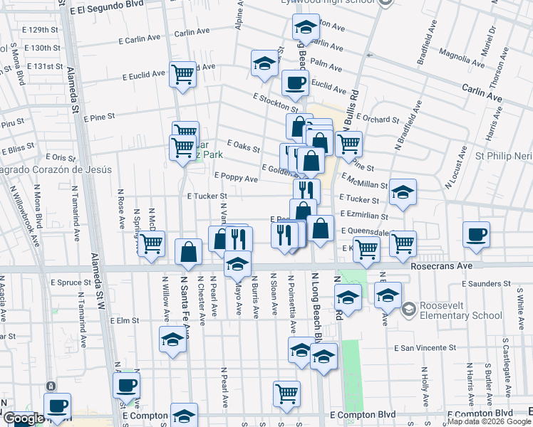 map of restaurants, bars, coffee shops, grocery stores, and more near 1101 East Peck Street in Compton