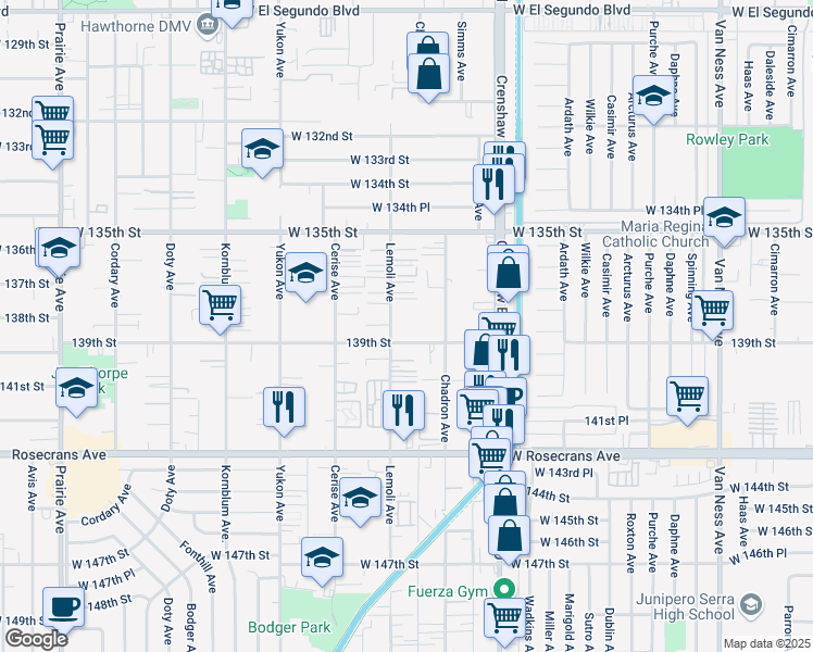 map of restaurants, bars, coffee shops, grocery stores, and more near 13806 Lemoli Way in Hawthorne