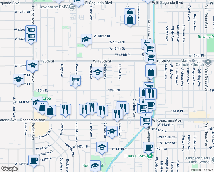 map of restaurants, bars, coffee shops, grocery stores, and more near 3505 139th Street in Hawthorne