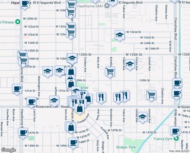 map of restaurants, bars, coffee shops, grocery stores, and more near 13816 Doty Avenue in Hawthorne