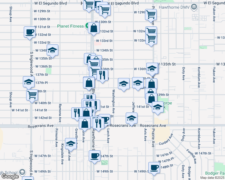 map of restaurants, bars, coffee shops, grocery stores, and more near 4316 138th Street in Hawthorne