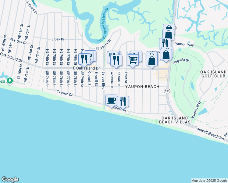 map of restaurants, bars, coffee shops, grocery stores, and more near 214 Womble Street in Oak Island