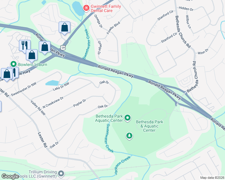 map of restaurants, bars, coffee shops, grocery stores, and more near 3155 Oak Drive in Lawrenceville