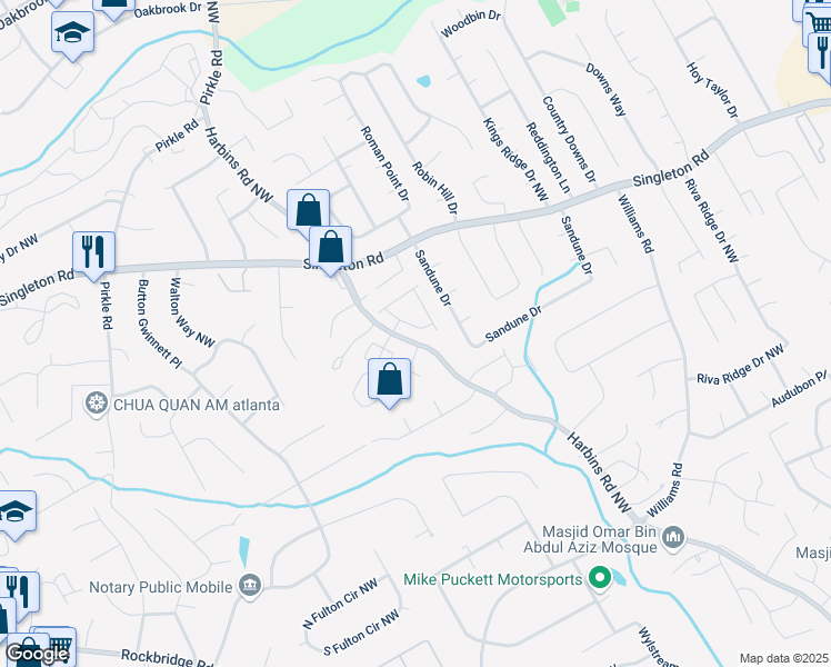 map of restaurants, bars, coffee shops, grocery stores, and more near 1466 Fern Ridge Lane in Norcross