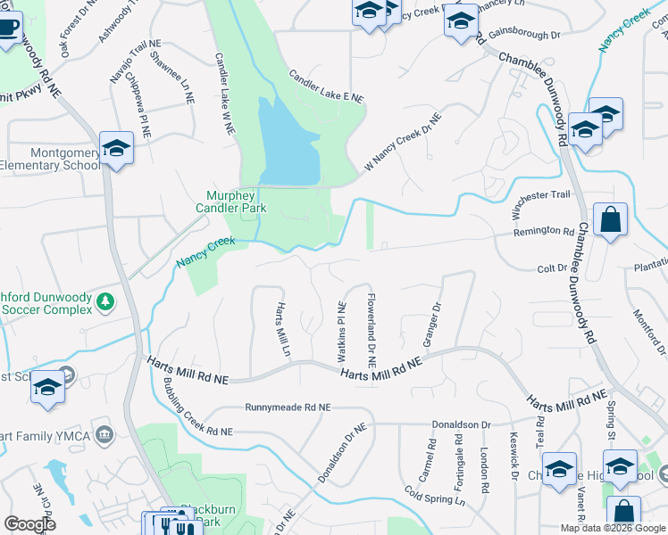 map of restaurants, bars, coffee shops, grocery stores, and more near 3866 Ashford Ridge Northeast in Atlanta
