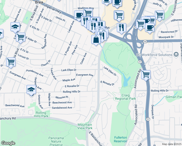 map of restaurants, bars, coffee shops, grocery stores, and more near 1973 Evergreen Avenue in Fullerton