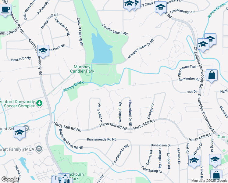 map of restaurants, bars, coffee shops, grocery stores, and more near 3866 Ashford Ridge Northeast in Atlanta