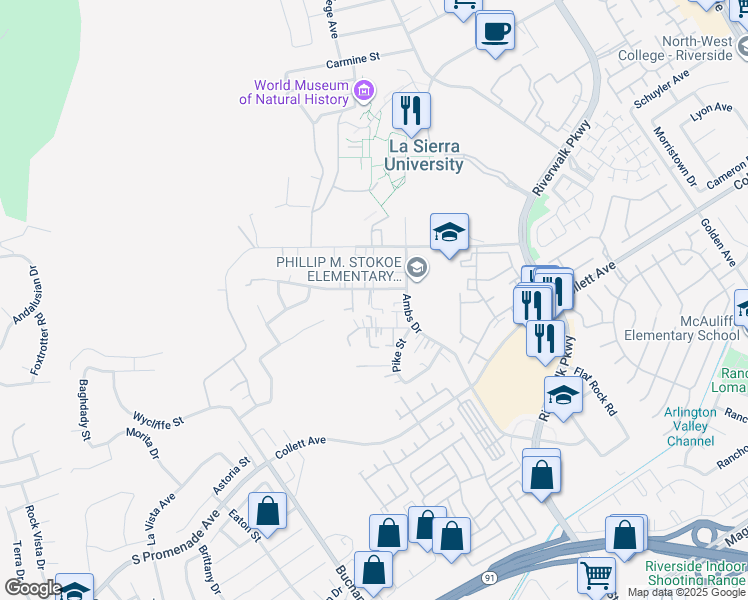 map of restaurants, bars, coffee shops, grocery stores, and more near 11966 Knoefler Drive in Riverside