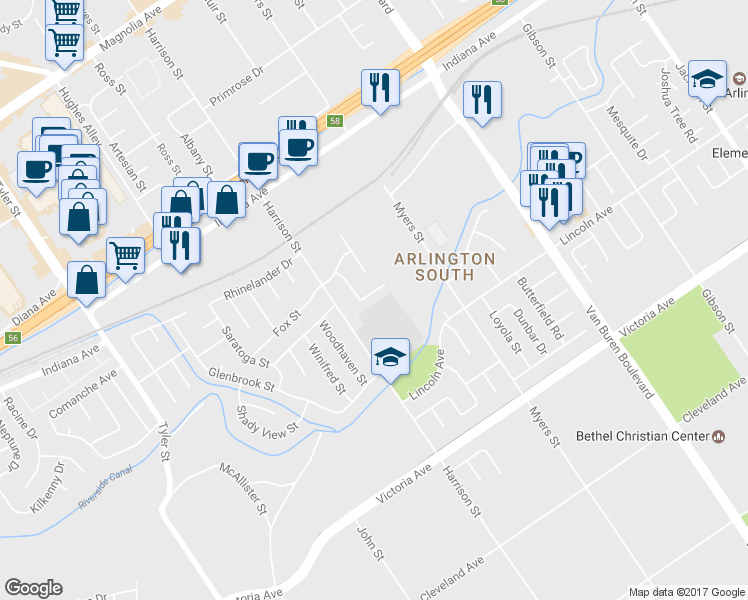 map of restaurants, bars, coffee shops, grocery stores, and more near 9840 Mc Nicholl Drive in Riverside