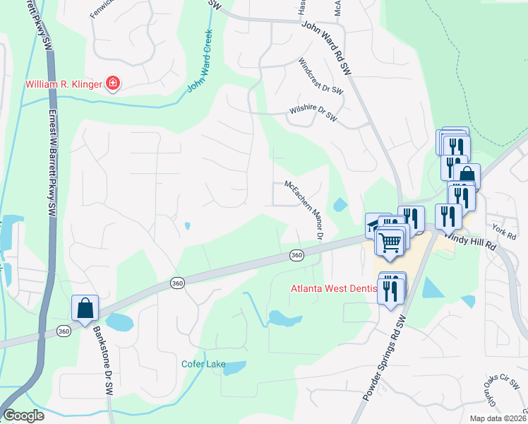 map of restaurants, bars, coffee shops, grocery stores, and more near 2085 Moccasin Way in Marietta