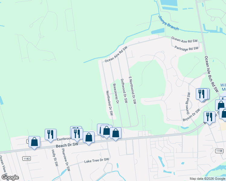 map of restaurants, bars, coffee shops, grocery stores, and more near 1582 Breezeway Drive Southwest in Ocean Isle Beach