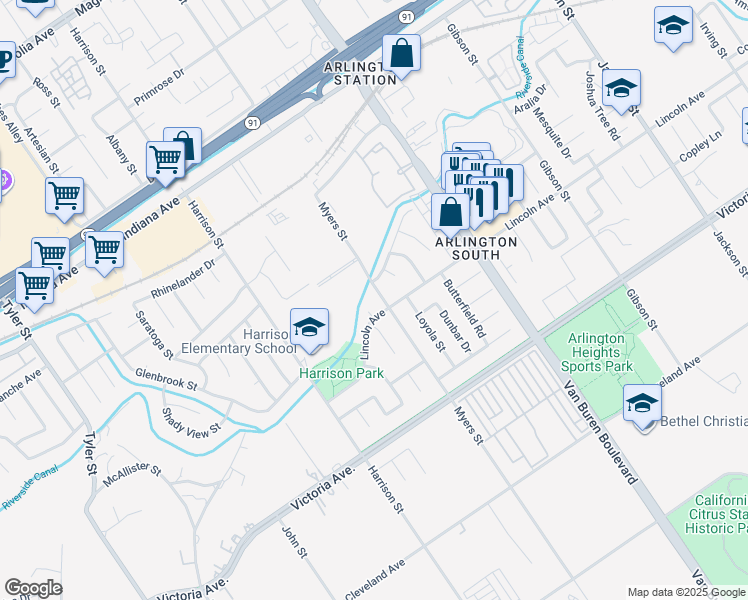 map of restaurants, bars, coffee shops, grocery stores, and more near 2922 Myers Street in Riverside