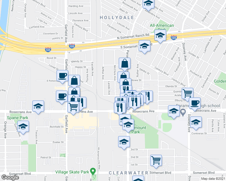 map of restaurants, bars, coffee shops, grocery stores, and more near 14035 McClure Avenue in Paramount