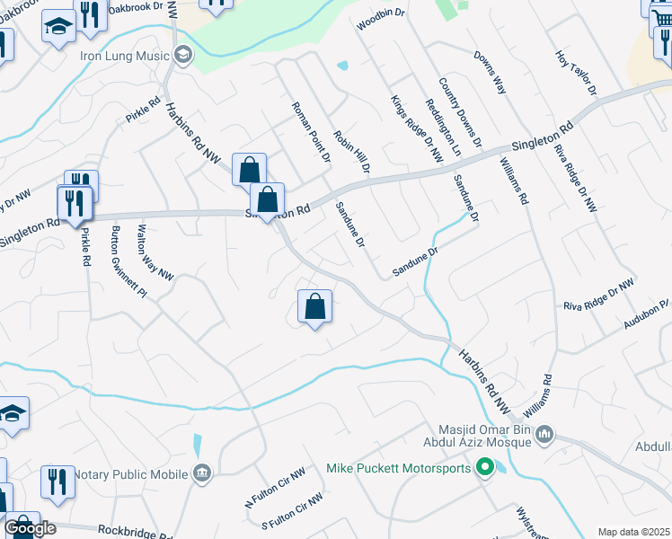 map of restaurants, bars, coffee shops, grocery stores, and more near 1466 Fern Ridge Lane in Norcross