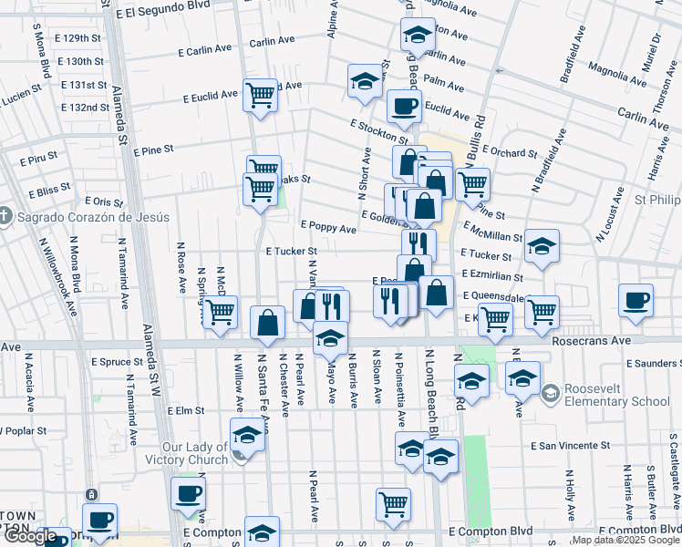 map of restaurants, bars, coffee shops, grocery stores, and more near 1009 East Peck Street in Compton
