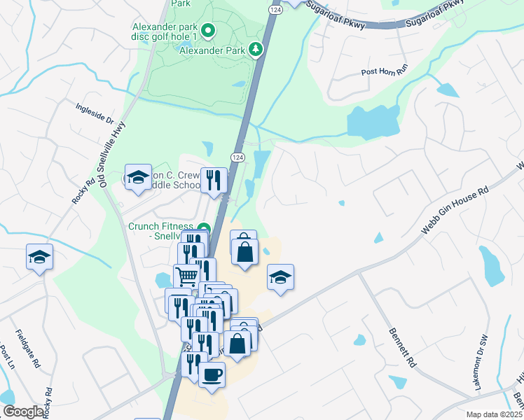 map of restaurants, bars, coffee shops, grocery stores, and more near 1397 Greencrest Court Southwest in Lawrenceville