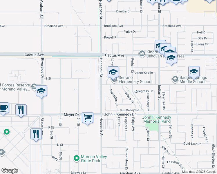 map of restaurants, bars, coffee shops, grocery stores, and more near 14774 Lavender Lane in Moreno Valley