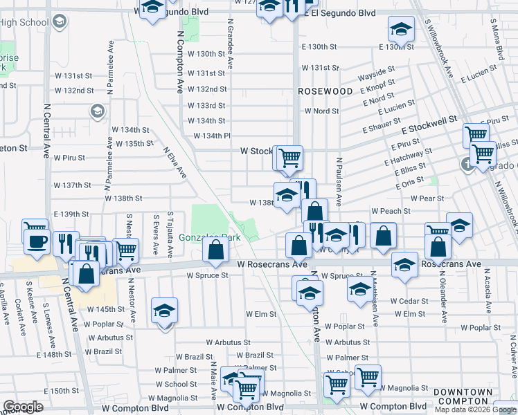 map of restaurants, bars, coffee shops, grocery stores, and more near 926 West 138th Street in Compton
