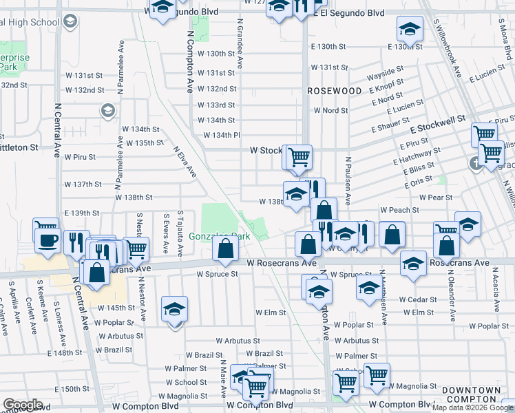 map of restaurants, bars, coffee shops, grocery stores, and more near 926 W 138th St in Compton