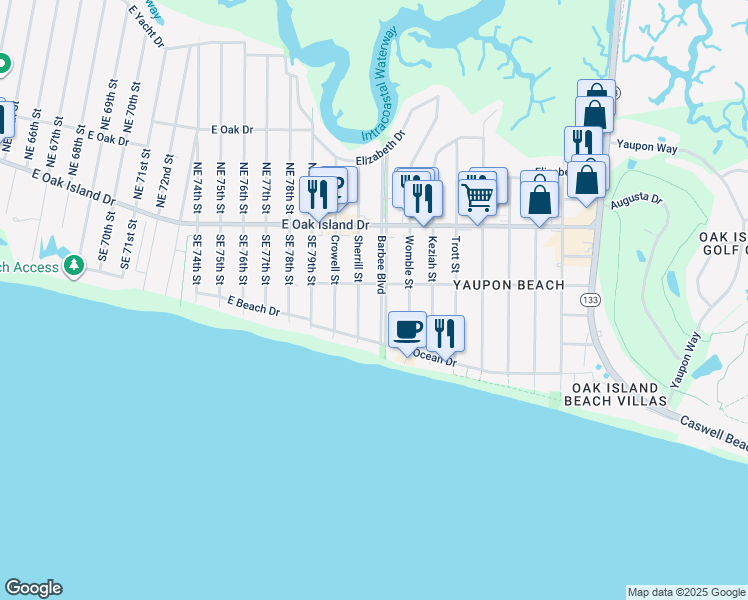 map of restaurants, bars, coffee shops, grocery stores, and more near 213 Barbee Boulevard in Oak Island