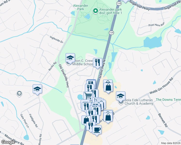 map of restaurants, bars, coffee shops, grocery stores, and more near 1319 Scenic View Trace in Lawrenceville