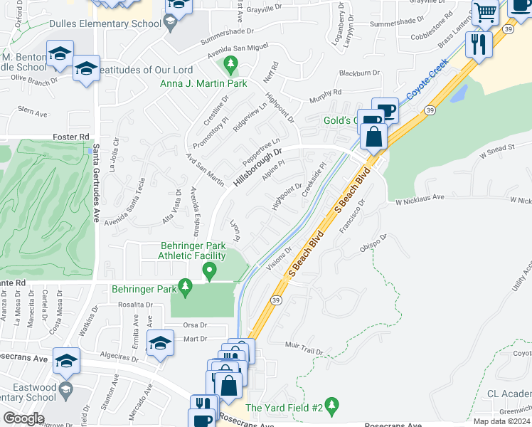 map of restaurants, bars, coffee shops, grocery stores, and more near 16252 Fieldcrest Court in La Mirada
