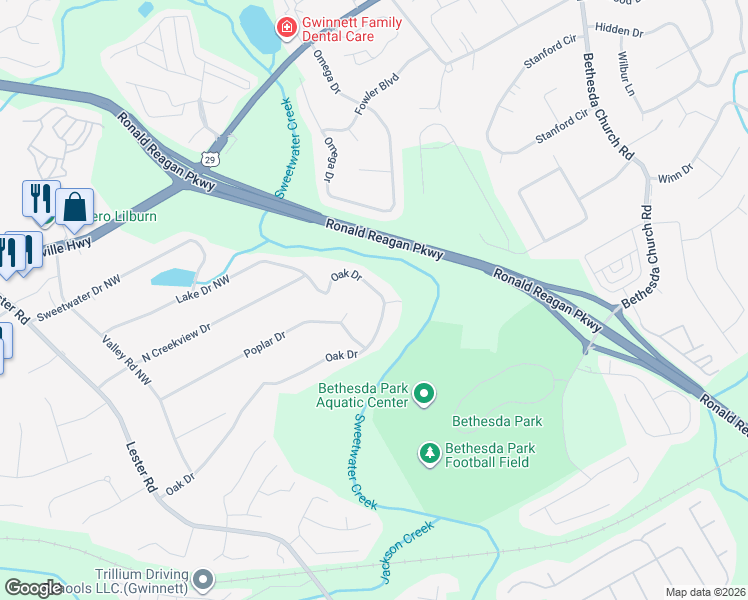 map of restaurants, bars, coffee shops, grocery stores, and more near 3155 Oak Drive in Lawrenceville