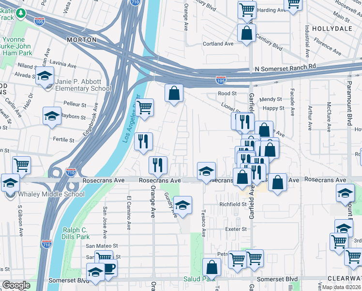 map of restaurants, bars, coffee shops, grocery stores, and more near 7101 Rosecrans Avenue in Paramount