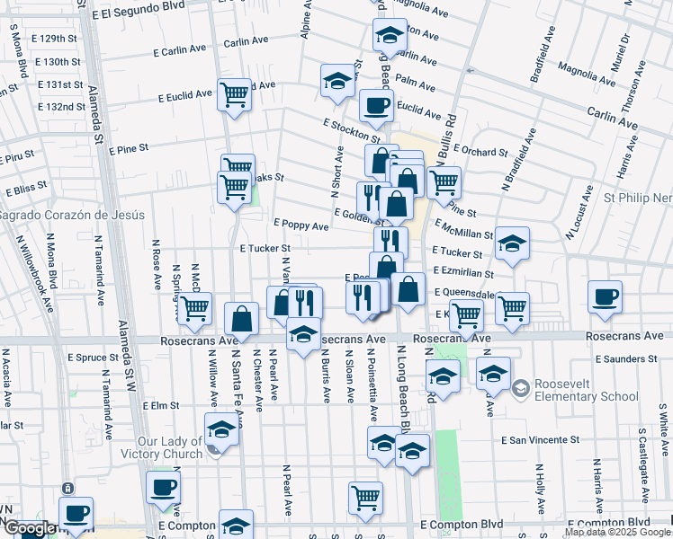 map of restaurants, bars, coffee shops, grocery stores, and more near 1101 East Peck Street in Compton