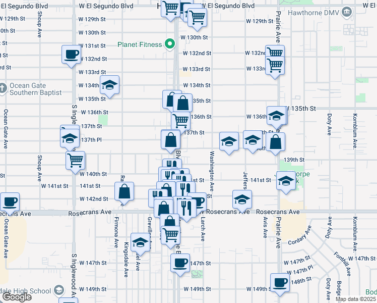 map of restaurants, bars, coffee shops, grocery stores, and more near 4386 138th Street in Hawthorne