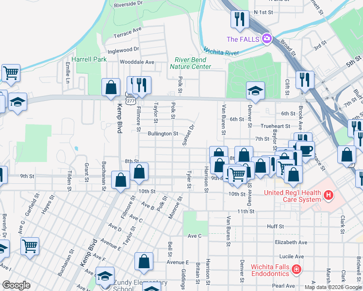map of restaurants, bars, coffee shops, grocery stores, and more near 622 Sunset Drive in Wichita Falls