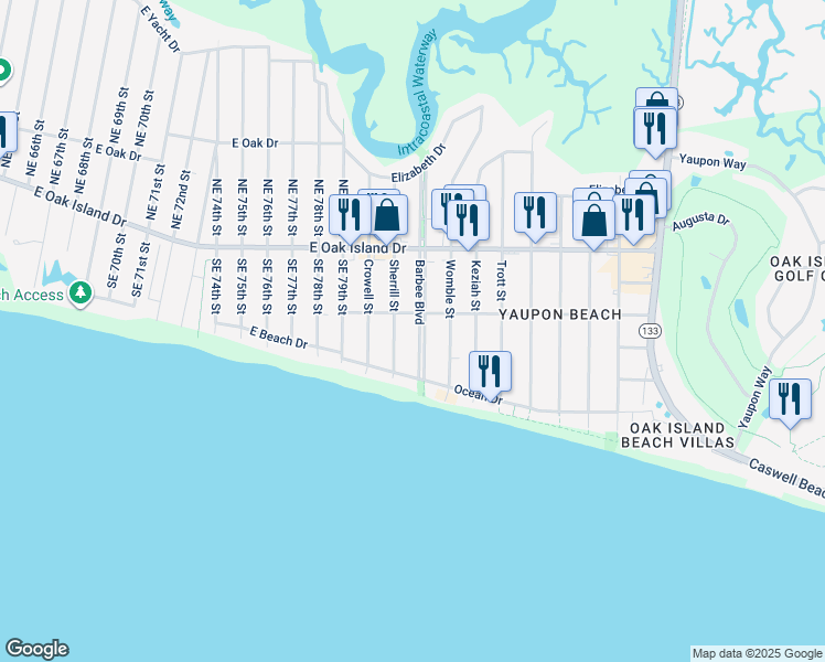 map of restaurants, bars, coffee shops, grocery stores, and more near 213 Barbee Boulevard in Oak Island