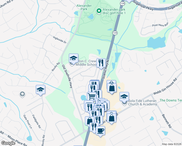 map of restaurants, bars, coffee shops, grocery stores, and more near 1107 Crewsplace Court in Lawrenceville