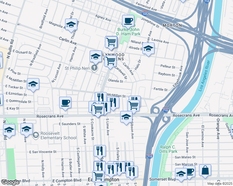 map of restaurants, bars, coffee shops, grocery stores, and more near 4625 East McMillan Street in Lynwood